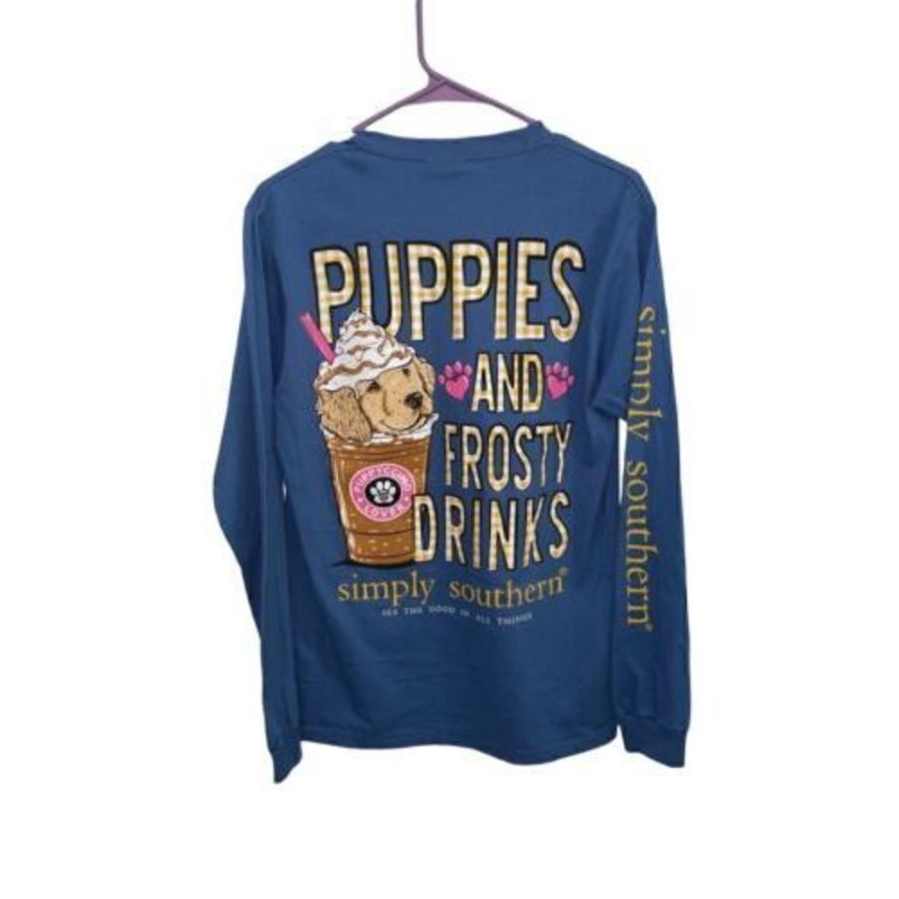 SIMPLY SOUTHERN Puppies and Frosty Drinks Blue Crewneck LS T-Shirt - Size S - Picture 2 of 3